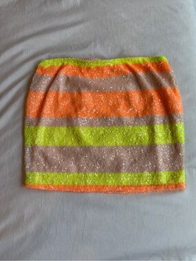 Sequin Striped Mini Skirt in Neon Orange, Lime & Beige